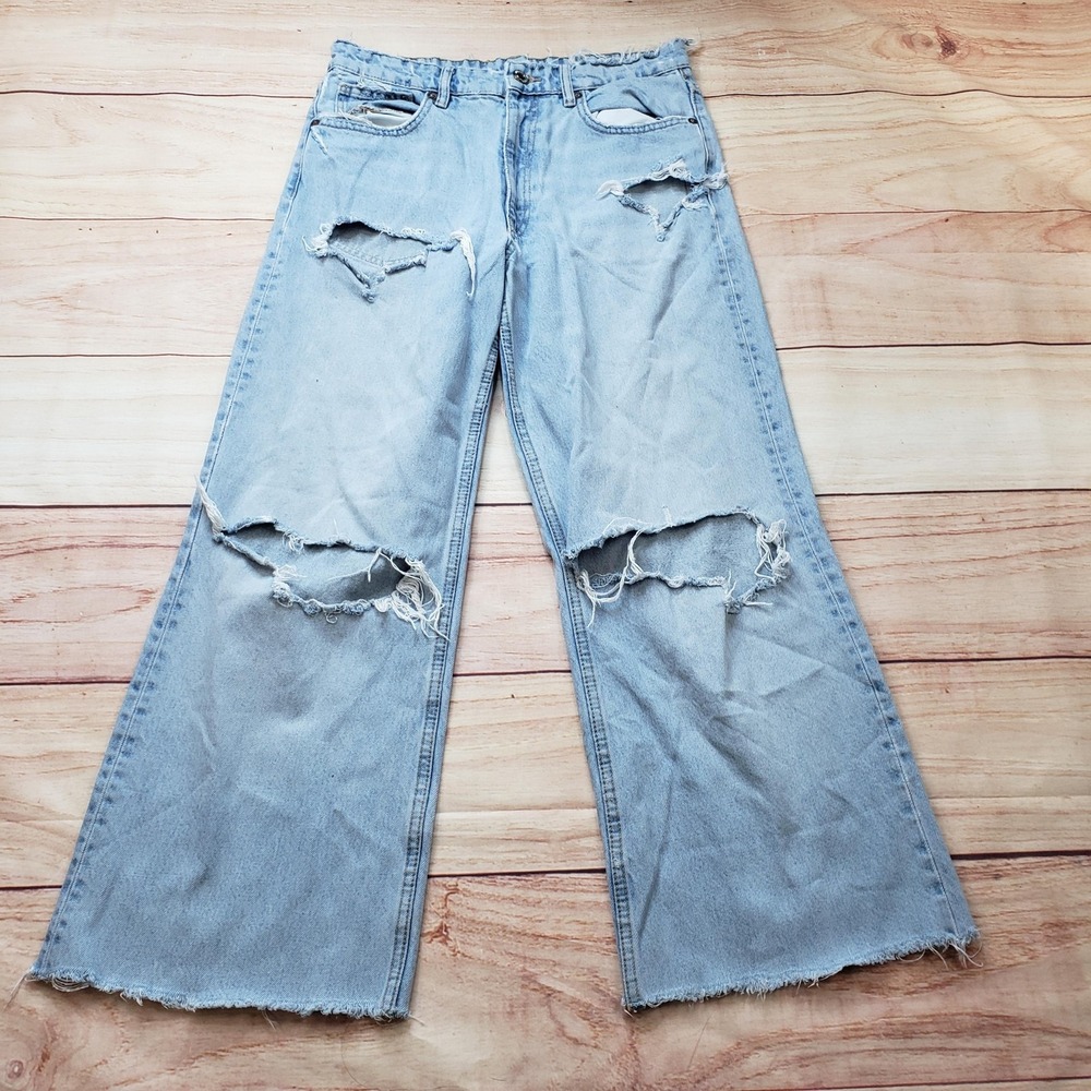 Zara Jeans Womens 31 Blue Light Wash Wide-Leg Relaxed High Rise Distressed